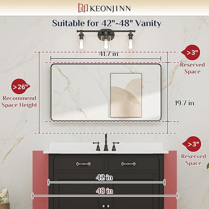 Keonjinn Black Bathroom Mirror for Over Sink, 42 x 20 Inch Rounded Rectangle Bathroom Vanity Mirror, Matte Black Sandblasted Finish, HD Tempered Glass, Wall Mirrors with Seamless Aluminum Alloy Frame