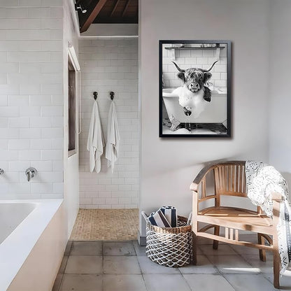 Highland Cow Bathroom Wall Art, Cute Black and White Animal Wall Decor Painting, Highland Cow in Bathtub Farmhouse Canvas Print Picture, Funny Bathroom Restroom Decor 12x16 Inch Wood Framed