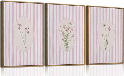 KISSFOX 3 Piece Floral Framed Wall Art Pink Wildflower Canvas Wall Art Flower Pictures Wall Decor Boho Botanical Paintings Poster Wall Decor For Girly Room Bedroom Apartment Dorm Living Room