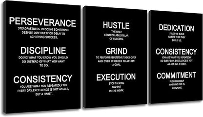 Perseverance Discipline Consistency Motivational Wall Art Success Quote Inspirational Poster Canvas Prints Artwork for Office Decor Modern Home Painting Pictures Stretched and Framed [36''W X 16''H]