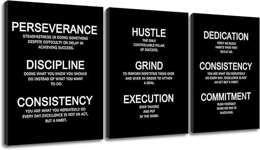 Perseverance Discipline Consistency Motivational Wall Art Success Quote Inspirational Poster Canvas Prints Artwork for Office Decor Modern Home Painting Pictures Stretched and Framed [36''W X 16''H]