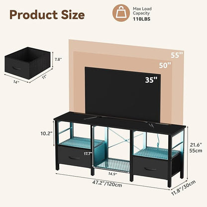 TV Stand for 55 Inch TV, LED Entertainment Center with Fabric Drawers and Power Outlets, Modern Industrial TV Media Console for Living Room, Bedroom Storage Cabinet - 47.2'' Black