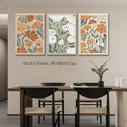 KISSFOX Framed Canvas Wall Art Abstract Floral Botanical Print Set of 3 Green Beige Wildflower Flower Market Paintings Boho Modern Minimalist Pictures Decor Bedroom Bathroom Living Room 16"x24"