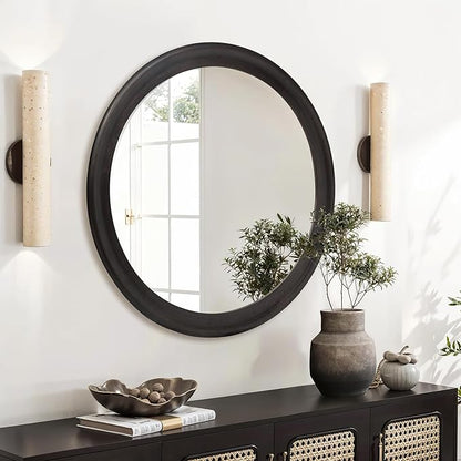 CULER Round Wall Mirrors 36 Inch,Wood Rustic Decorative Transitional Mirror with Walnut Frame for Wall,Farmhouse Mirror for Bathroom Bedroom Living Room or Entryway（Dark Brown）