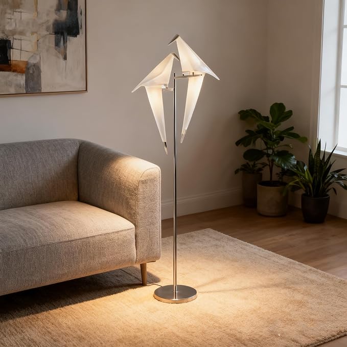 68 Inch Modern Bird Floor Lamp, Sliver Bird Swing Floor Light Fixtures for Bedroom, Unique LED Origami Crane Swing Standing Floor Lamp for Living Room
