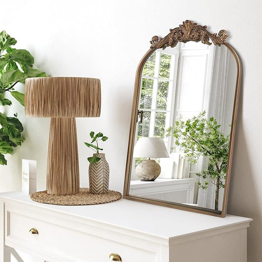 HQiJun Wall Mirror Window Decorative Traditional Vintage Ornate Baroque Mirrors Antique Arched Farmhouse for Living Room Bedroom Entryway Bathroom Vanity (27 * 19 * 1.2, Gold)