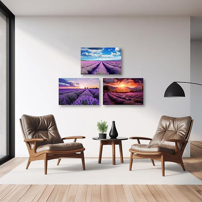 CCWACPP Lavender Canvas Wall Art 3 Panels Purple Lavender Floral Fields Sunset Pictures Large Landscape Living Room Decor Frame (11x14inchx3Pcs)