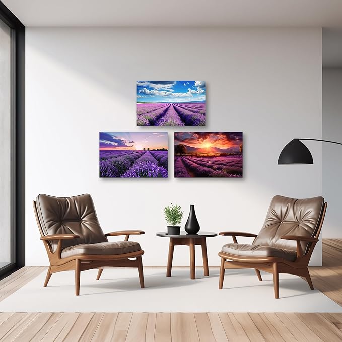 CCWACPP Lavender Canvas Wall Art 3 Panels Purple Lavender Floral Fields Sunset Pictures Large Landscape Living Room Decor Frame (20x28inchx3Pcs)