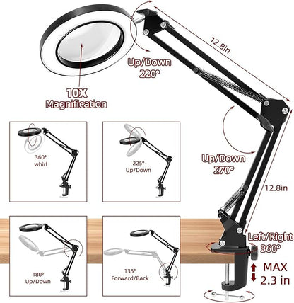 Desk Lamp with Lighting Magnifying Glass: 10x Magnifying Glass Light with 3 Color Modes and 10 Levels of Dimming