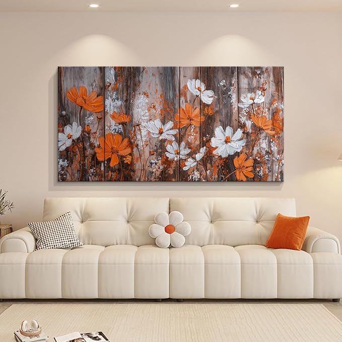 BQVCT Rustic Floral Wall Art 20x40 Inch Large Gallery Wrapped Canvas Print Orange & White Flowers on Wood Background Ready to Hang for Living Room Bedroom Office
