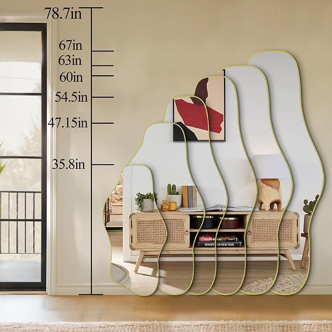 Irregular Mirror Full Length, 67"x31" Large Asymmetrical Tempered Glass Mirror, Gold Organic Frameless Wall Mirrors for Living Room Bedroom Hallway Entryway, Horizontal or Vertical Hanging