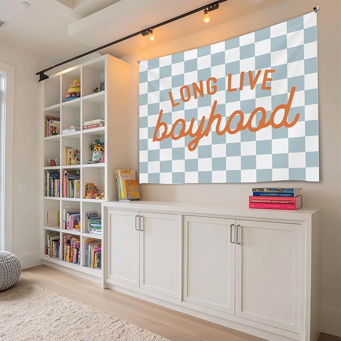 Vintage Blue Checkerboard Wall Tapestry – Long Live Boyhood Soft Flannel Tapestry ，Preppy Boys Bedroom Dorm Room Decor for Boy Bedroom Living Room,Birthday Party Wall Art Decoration 59x51 inch (Blue-Boyhood)