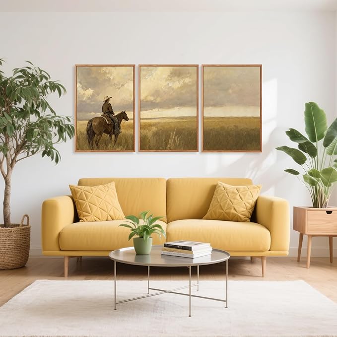 Aurlan Western Cowboy Framed Wall Art(16"x24"), 3PCS Vintage Neutral Southwestern Horse Riding Canvas Artwork, Mid Century Modern Ranch Gobi Desert Landscape Decor for Man Cave Bedroom