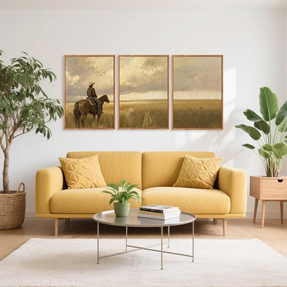 Aurlan Western Cowboy Framed Wall Art(16"x24"), 3PCS Vintage Neutral Southwestern Horse Riding Canvas Artwork, Mid Century Modern Ranch Gobi Desert Landscape Decor for Man Cave Bedroom