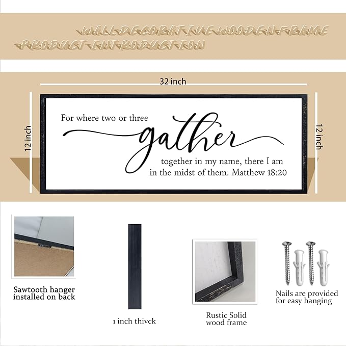 comurdyo Dining Room Wall Decor For Where Two Or Three Gather Sign 32X12 Inch Bible Verse Prayer Matthew 18:20 for Large Modern Farmhouse Simple kitchen Wooden Framed Plaque Hanging Art (Black)