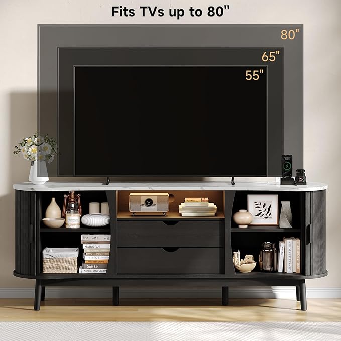 ONBRILL 70 Inch Fluted TV Stand for TVs up to 80 Inch, Curved Entertainment Center with LED Light, Power Outlet, Storage, Mid Century Modern Media TV Console Table for Living Room, Bedroom, Black