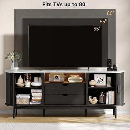 ONBRILL 70 Inch Fluted TV Stand for TVs up to 80 Inch, Curved Entertainment Center with LED Light, Power Outlet, Storage, Mid Century Modern Media TV Console Table for Living Room, Bedroom, Black