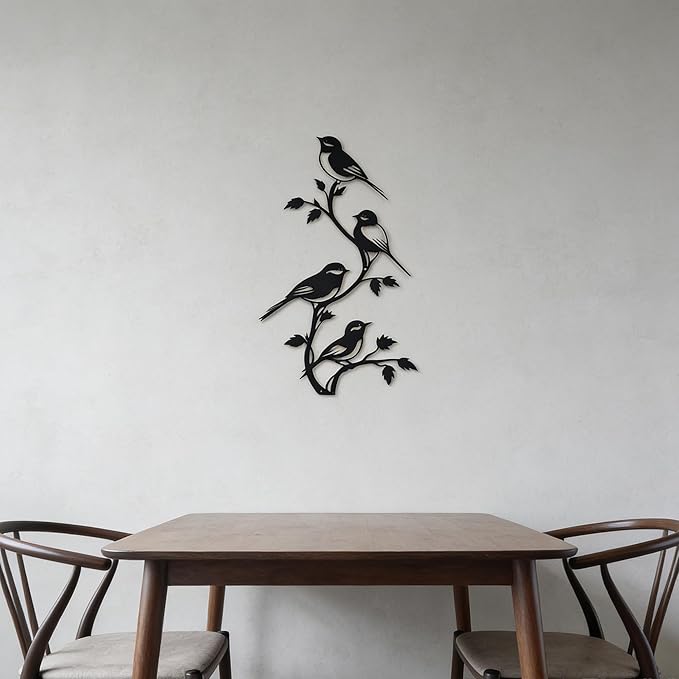 SonnTonn Black Metal Bird Wall Decor - 4 Birds on Branch Silhouette Wall Art, Rustic Style Wall Sculpture for Living Room, Bedroom, Patio, Garden, Farmhouse Home Decor (9.29”x15.75” / 23.6x40cm)
