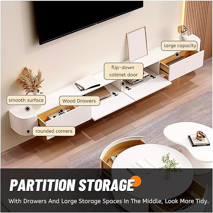 Modern Wall-Mounted Wooden TV Cabinet with Drawers & Doors, Media Console Table for Cable Management, Stylish Entertainment Center, White Finish (D, 180x24x20cm)