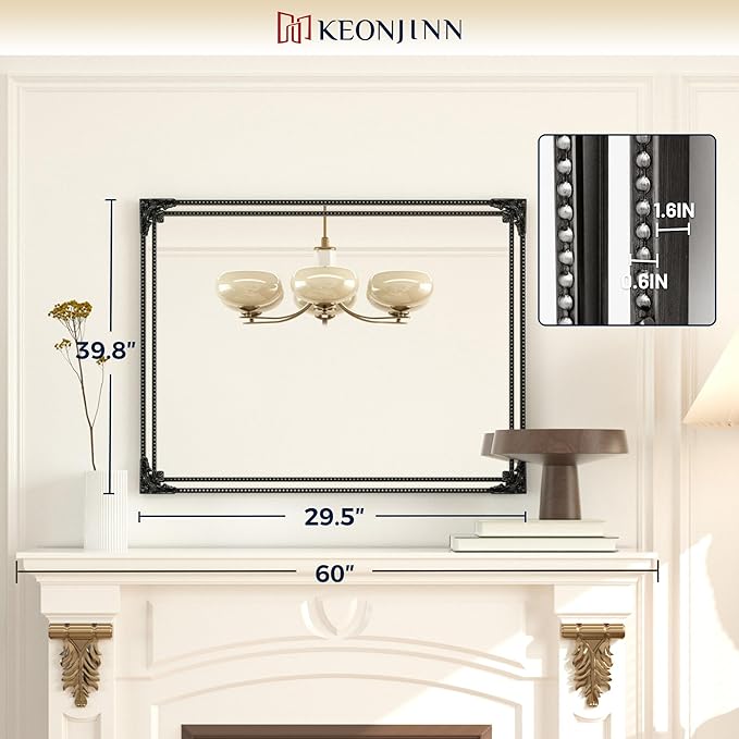 Keonjin Black Vintage Mirror 40 x 30 Inch, Antique Mirrors Rectangle, Traditional Mantel Decoration, Baroque Style Wall Decor for Hallway, Fireplace, Entryway, Living Room, Anti-Rust, Waterproof