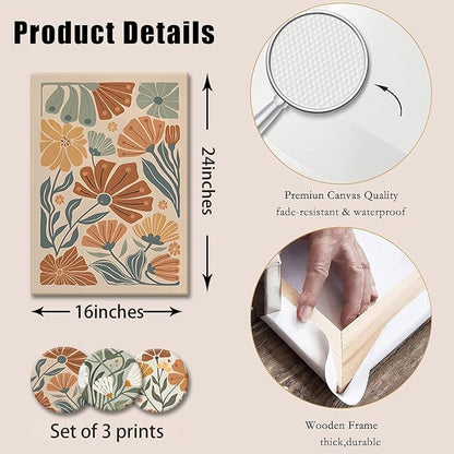 KISSFOX Framed Canvas Wall Art Abstract Floral Botanical Print Set of 3 Green Beige Wildflower Flower Market Paintings Boho Modern Minimalist Pictures Decor Bedroom Bathroom Living Room 16"x24"