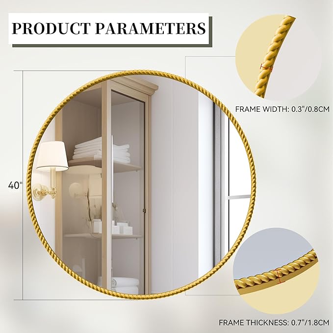 PROHOMEWARE Gold Round Bathroom Mirrors, 40 inch Circle Wall Mounted Hanging Mirror for Entryway, Living Room, Hallway, Bathroom, Bedroom