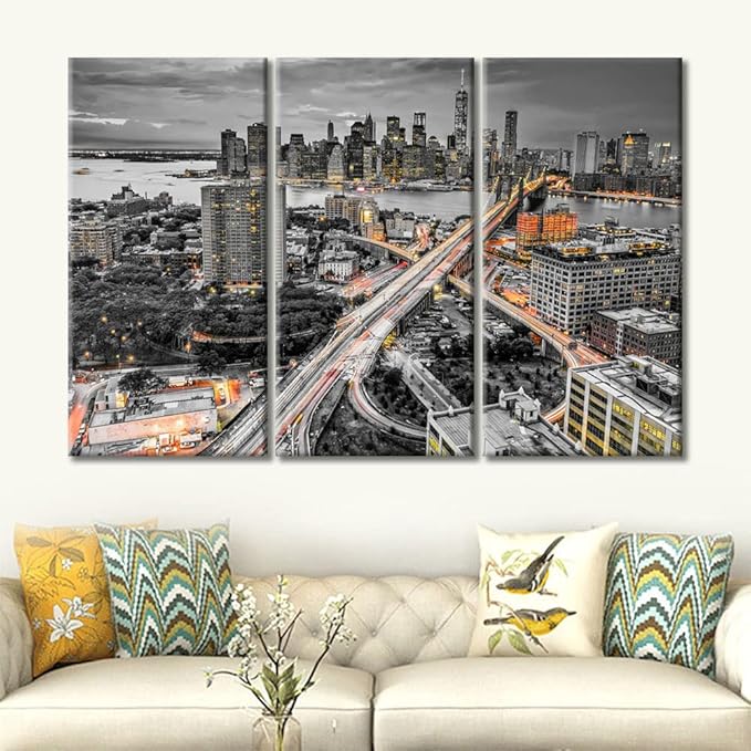 3 Panel Brooke Bridge, Manhattan, New York Cityscape Wall Decor Skyscrapers City Skyline Wall Decor for Bedroom Giclee Wooden Framed Gallery-Wrapped Ready to Hang (36" Wx24 H)