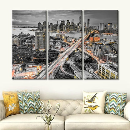 3 Panel Brooke Bridge, Manhattan, New York Cityscape Wall Decor Skyscrapers City Skyline Wall Decor for Bedroom Giclee Wooden Framed Gallery-Wrapped Ready to Hang (36" Wx24 H)