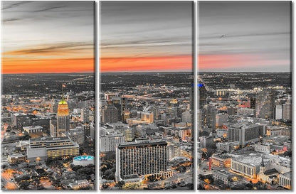 TUMOVO American Cityscape Home Decor Posters and Prints San Antonio Nighttime Lightscape Wall Art for Living Room 3 Pieces Skyscrapers Artwork Kitchen Wall Decor Framed Ready to Hang (42" Wx28 H)