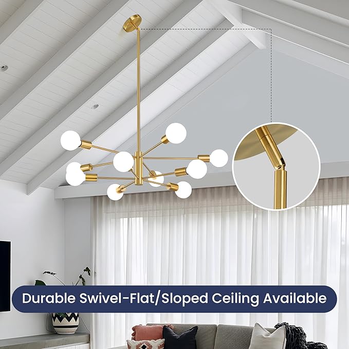 RUIYEY Modern Sputnik Chandeliers Light, 10-Light Gold Gold Dining Room Chandelier Over Table, Height Adjustable Industrial Semi Flush Mount Mid Century Chandelier for Kitchen Island Living Room