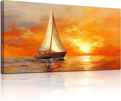 SERIMINO Ocean Sunset Wall Art, Sailboat on Sea Extra Large Artwork, Nautical Landscape Canvas Art Prints, Still Life Aesthetic Paintings Wall Decor Living Room Bedroom Home Office Hotel 29"X57"