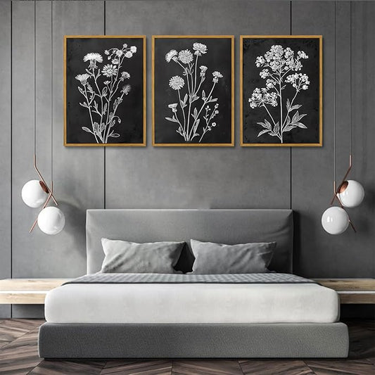 KISSFOX Framed Floral Botanical Canvas Wall Art Vintage Black Background Plant Poster Prints Set of 3 Grey and White Wildflower Painting Modern Farmhouse Decor Pictures Living Room Bathroom Bedroom (Black Floral, 16"x24" Natural Framed)
