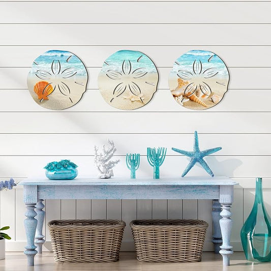 Tatuo 3 Pcs Summer Coastal Wall Decor Bathroom Beach Blue Wall Art Sea Turtle Surfboard Seahorse Starfish Seashell Conches Crabs Sea Life Decor for Bedroom Home (Sand Dollar Style)