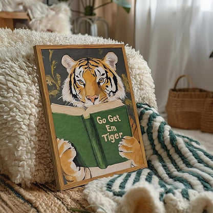 Framed Funny Tiger Wall Art, Motivational Animal Reading Wall Decor Paintings, Eclectic Go Get Em Tiger Canvas Prints Pictures Home Decor for Living Room Bedroom Dorm Office 16x24 inch