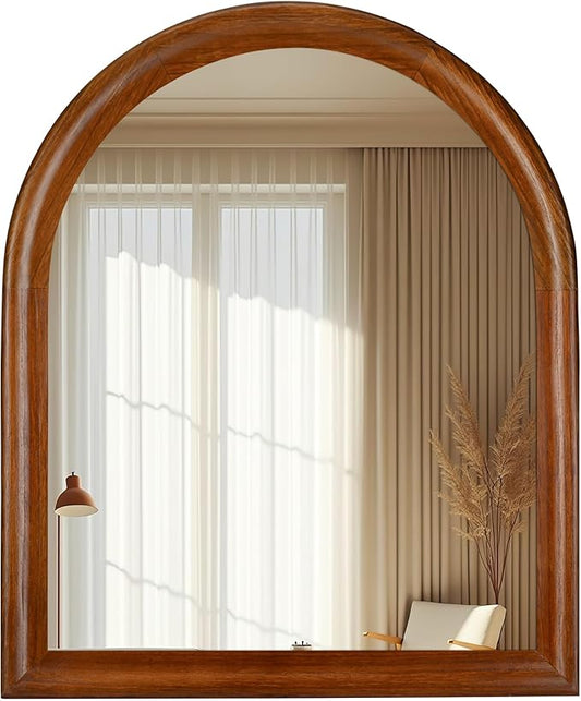 Tanmicoshomy Brown Wood Framed Arched Bathroom Mirror 30x36 Inch, Wall Mirrors with Tempered Glass for Living Room, Bedroom or Entryway