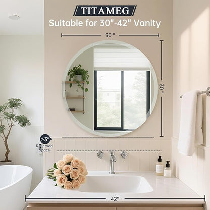 Frameless Round Mirror 30 Inch, Round Mirror with 1 inch Beveled Edge, Beveled Bathroom Mirrors for Vanity, Living Room, Entryways