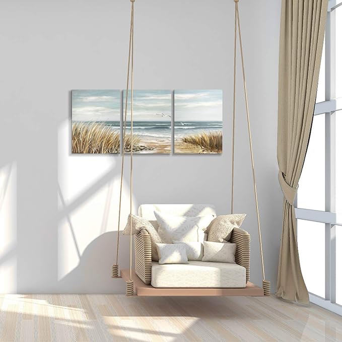 Abstract Beach Picture Wall Art: Coastal Grass Seascape Artwork Print on Canvas for Walls (12”x16”x3pcs)