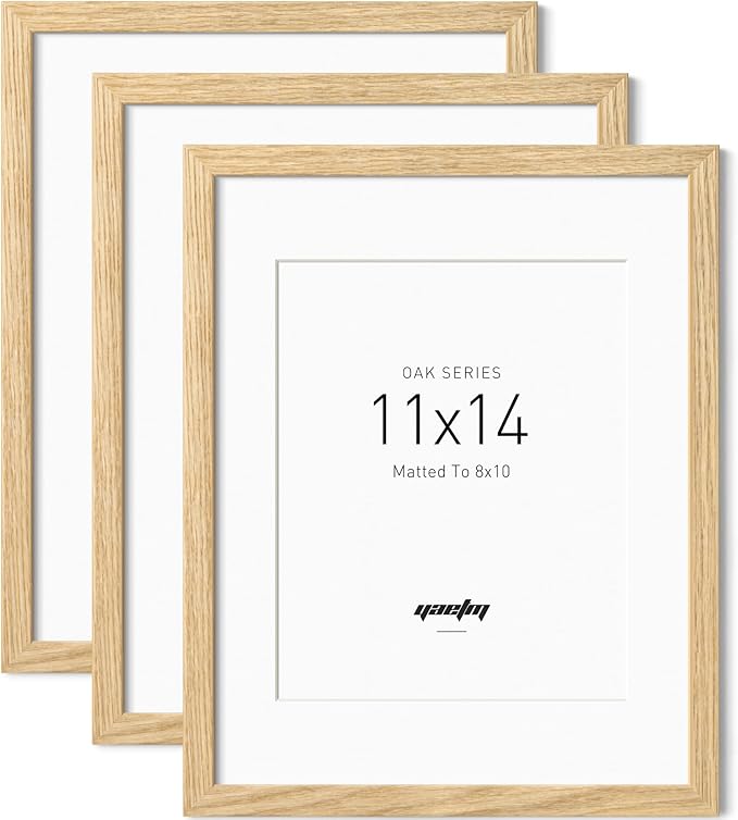 Yaetm 11x14 Oak Wood Picture Frame with Mat for 8x10 Set of 3, Natural Solid Wood 11x14 Frame with Tempered Glass for Wall Gallery & Home (3 Pack, Oak)