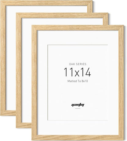 Yaetm 11x14 Oak Wood Picture Frame with Mat for 8x10 Set of 3, Natural Solid Wood 11x14 Frame with Tempered Glass for Wall Gallery & Home (3 Pack, Oak)