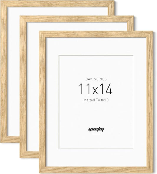 Yaetm 11x14 Oak Wood Picture Frame with Mat for 8x10 Set of 3, Natural Solid Wood 11x14 Frame with Tempered Glass for Wall Gallery & Home (3 Pack, Oak)