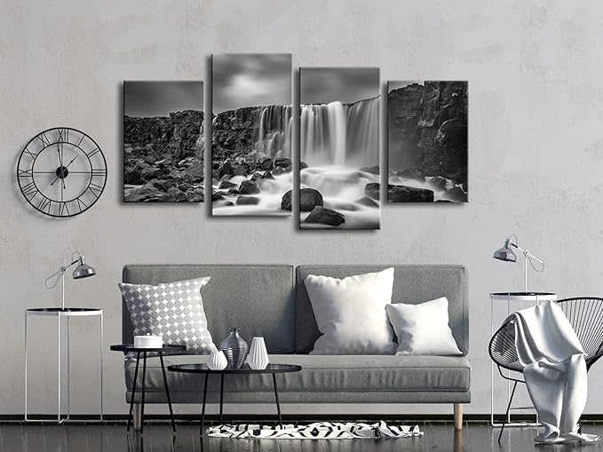 Pyradecor 4 panels Black and White Rocky Waterfall Pictures Paintings on Canvas Wall Art Prints for Wall Decor Living Room Modern Grace Landscape Sea Beach Giclee Canvas Print Artwork Home Decorations