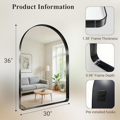Arched Bathroom Mirror, 30"x36" Black Mirror for Wall Mounted Vanity Mirror for Over Sink with Tempered Glass, Aluminum Alloy Deep Frame, Farmhouse for Bedroom, Entryway, Living Room
