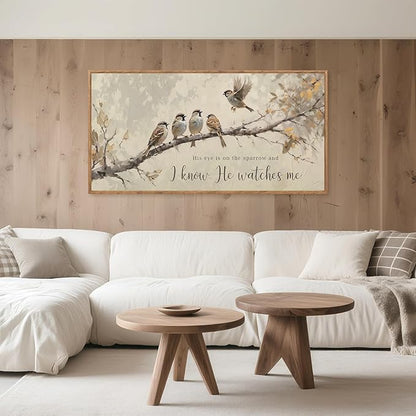 Aurlan His Eye is on the Sparrow Christian Wall Art Framed(40"x20"), Vintage Neutral Birds on Tree Branch Nature Canvas Artwork, Religious Faith Gift Bible Verse Scripture Print Decor for Home Office Bedroom