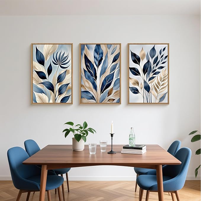 HPNIUB Blue Botanical Leaf Framed Wall Art Set,Modern Natural Blue and Gold Plant Wall Decor,Abstract Boho Minimalist Rustic Floral Leaves Artwork for Living Room, Bedroom,Office-24''x36''x3