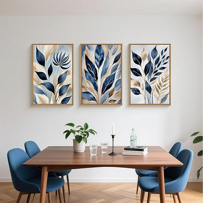 HPNIUB Blue Botanical Leaf Framed Wall Art Set,Modern Natural Blue and Gold Plant Wall Decor,Abstract Boho Minimalist Rustic Floral Leaves Artwork for Living Room, Bedroom,Office-24''x36''x3