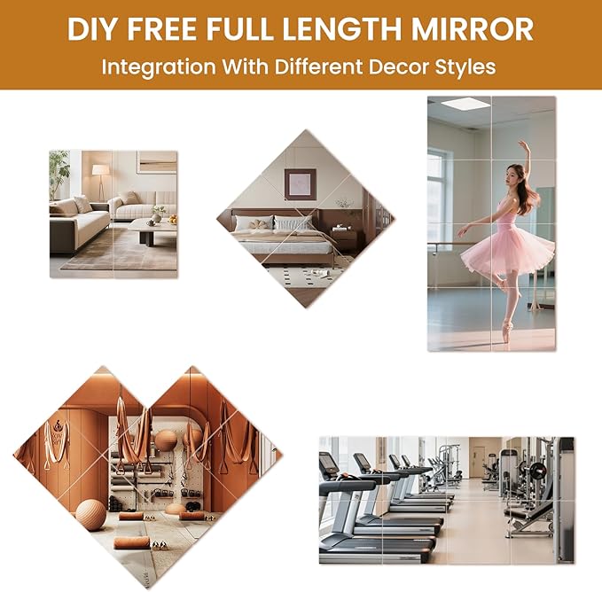 pertetey Home Gym Mirrors,12X12 Inch-4Pack Mirror Tiles Full Length Frameless Wall Mounted Mirror, Tempered Glass Body Tiles for Yoga, Exercise, Dance Studio