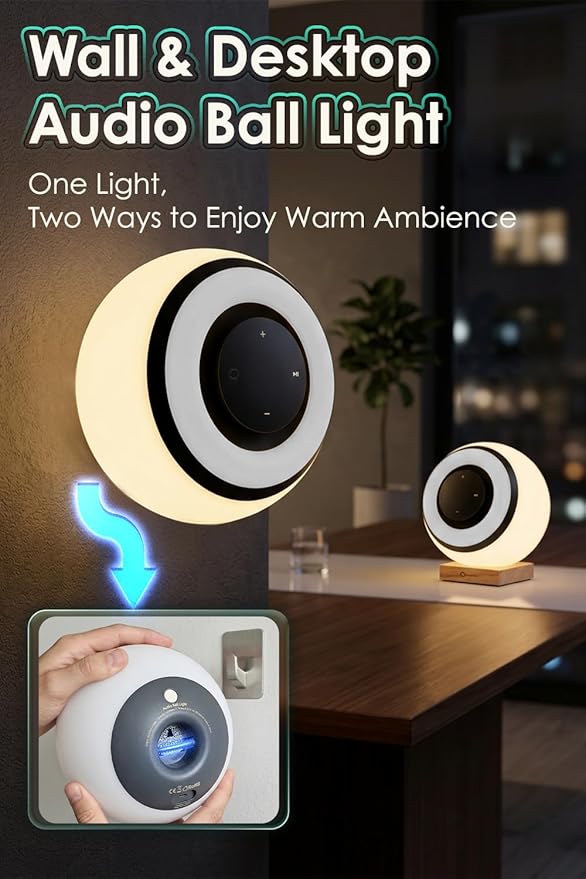 CLSA Bluetooth Speaker Table Lamp, Dimmable Desk Lamp & Night Lamp with Touch Control, Portable LED Ambient Light with Wooden Base, Ideal for Bedroom, Living Room – Desktop or Wall Mountable