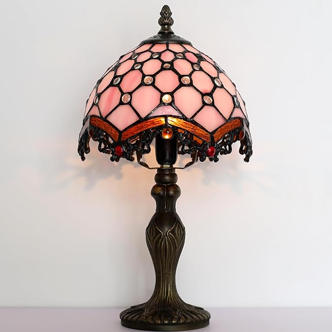 Tiffany Style Lamp Stained Glass Table Lamp 8 x 14.5” Mini Accent Light Pink Beads Design Small Decorative Bedside Reading Memory Lamp