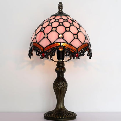 Tiffany Style Lamp Stained Glass Table Lamp 8 x 14.5” Mini Accent Light Pink Beads Design Small Decorative Bedside Reading Memory Lamp