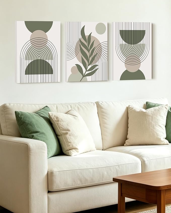 Drsoum 12x16in Boho Wall Art Green Sage Decor Framed Wood Modern Bohemian Abstract Geometry Canvas Prints Ready to Hang